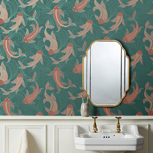 Purchase FD43796 Brewster Wallpaper, Dashiell Teal Decorative Fish - Medley1