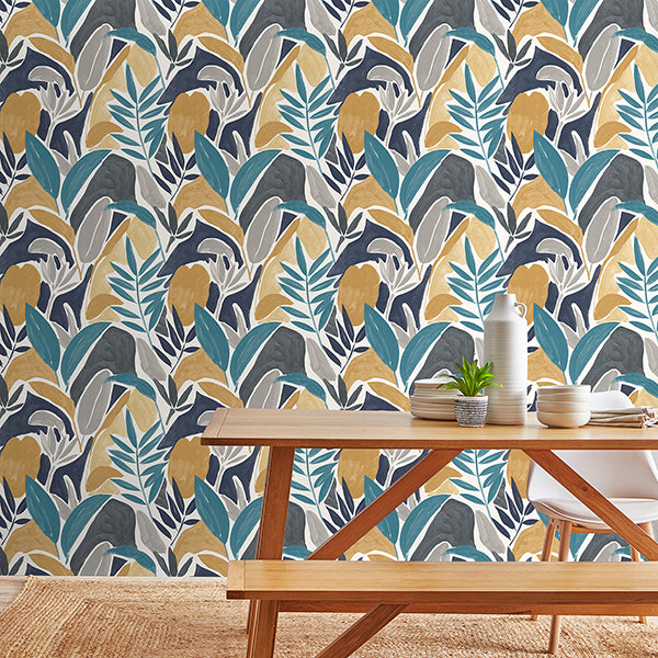 Purchase FD43806 Brewster Wallpaper, Marisol Yellow Artistic Leaf - Medley1