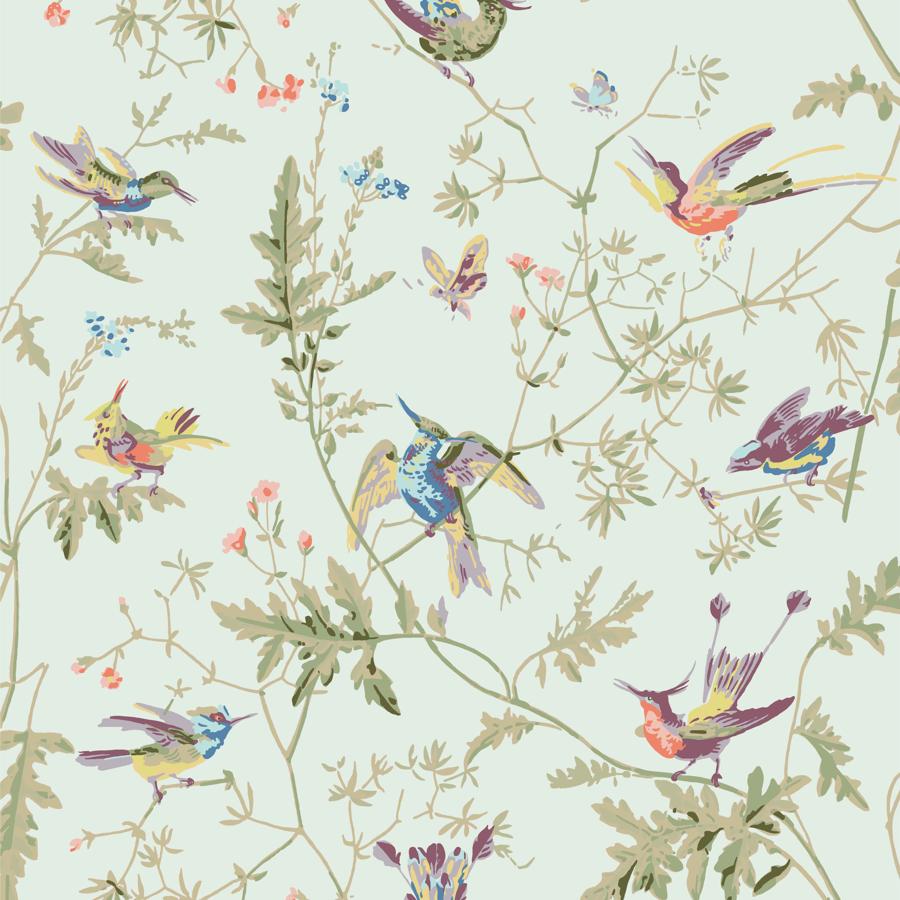 Sample F62-1004 Hummingbirds Cotton Print Duck Egg by Cole and Son Fabric