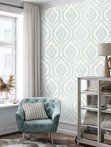 Purchase M1757 Brewster Wallpaper, Estelle Light Blue Damask - Medley12