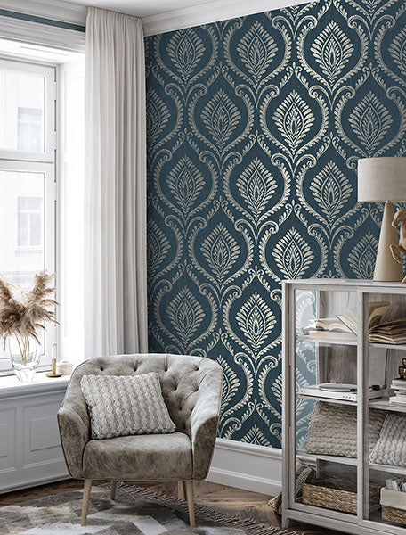 Purchase M1758 Brewster Wallpaper, Estelle Navy Damask - Medley12