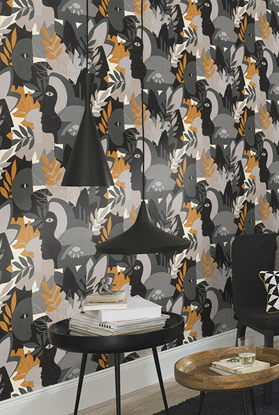 Purchase RH464849 Brewster Wallpaper, Giacometti Grey Flora & Faces - Rasch12