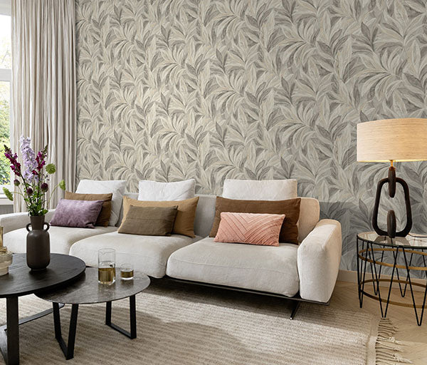 Purchase RH547481 Brewster Wallpaper, Rennie Grey Leaves - Rasch12