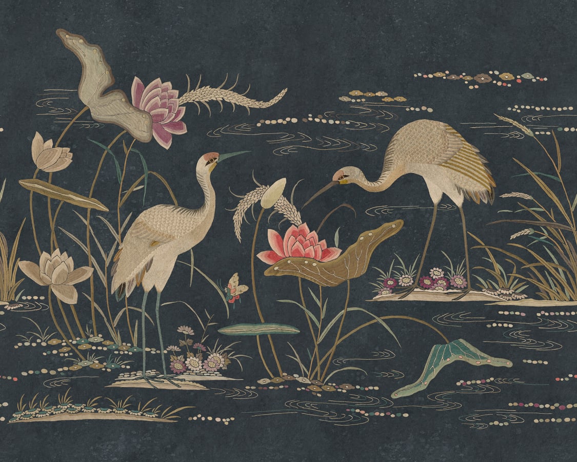Sandberg Wallpaper pattern name & color Seabirds, Dark Blue from the collection Chinoiserie Garden.