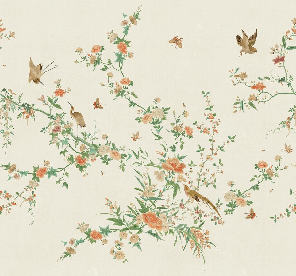 Sandberg Wallpaper pattern name & color Bloom, Spring Green from the collection Chinoiserie Garden.