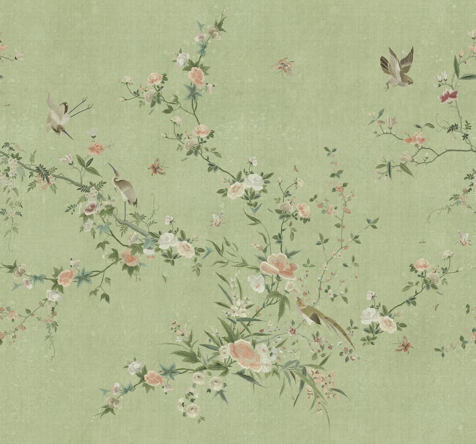 Sandberg Wallpaper pattern name & color Bloom, Green from the collection Chinoiserie Garden.