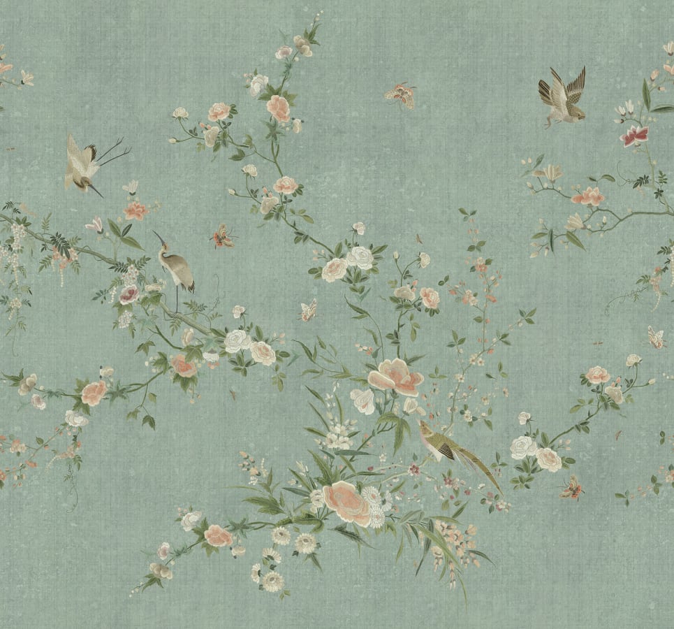 Sandberg Wallpaper pattern name & color Bloom, Teal from the collection Chinoiserie Garden.