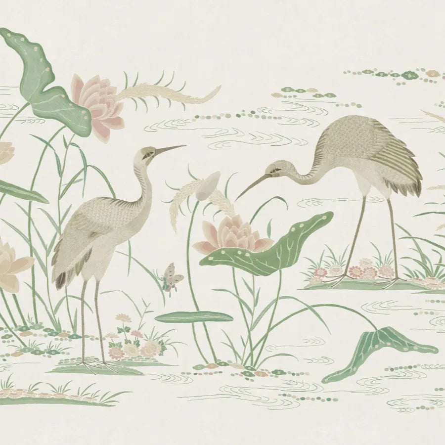 Sandberg Wallpaper Product S10550 pattern name & color Seabirds, Green from the collection Chinoiserie Garden.