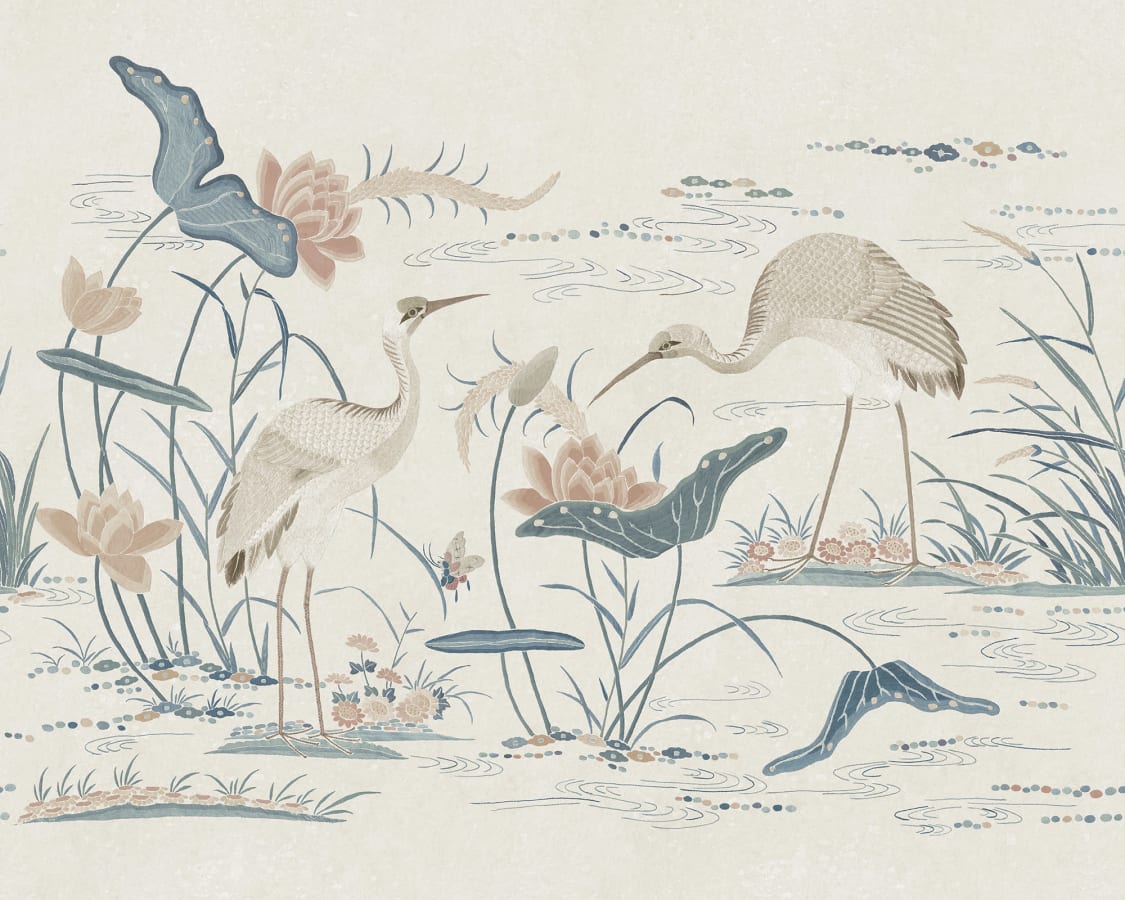 Sandberg Wallpaper pattern name & color Seabirds, Misty Blue from the collection Chinoiserie Garden.