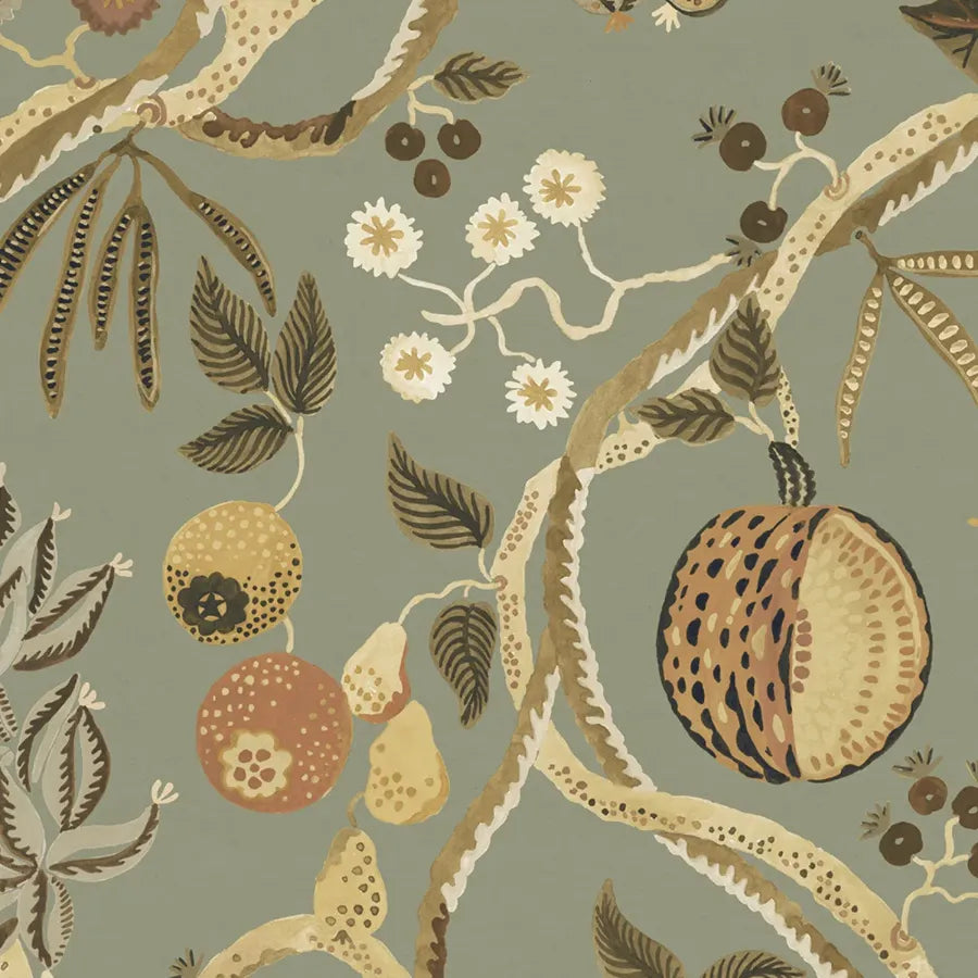 Sandberg Wallpaper Pattern number S10578 pattern name & color Tree Of Life Mural, Sage Green from the collection Herbarium.