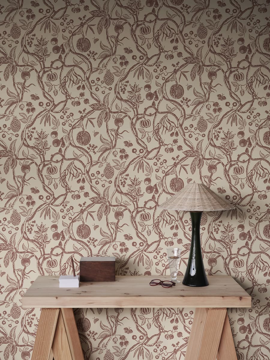 Sandberg Wallpaper Product# S10614 pattern name & color Tree Of Life, Burgundy from the collection Familjen.