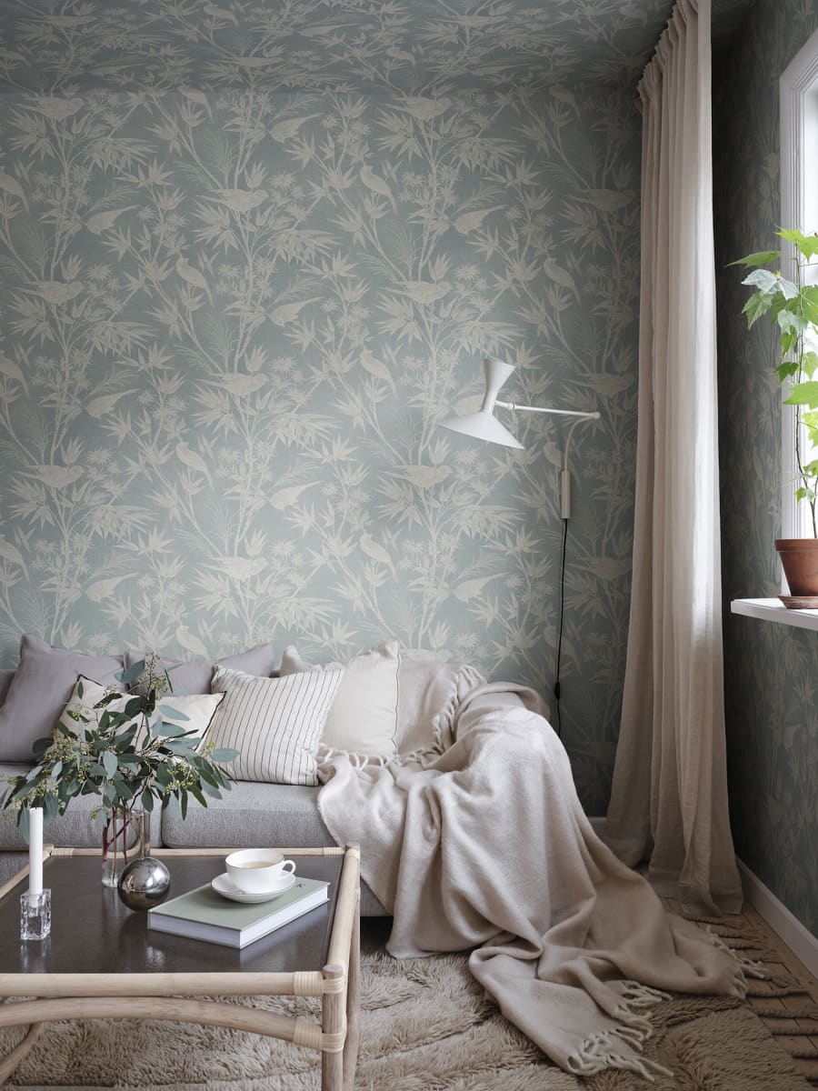Sandberg Wallpaper SKU# S10623 pattern name & color Celeste, Misty Blue from the collection Familjen.