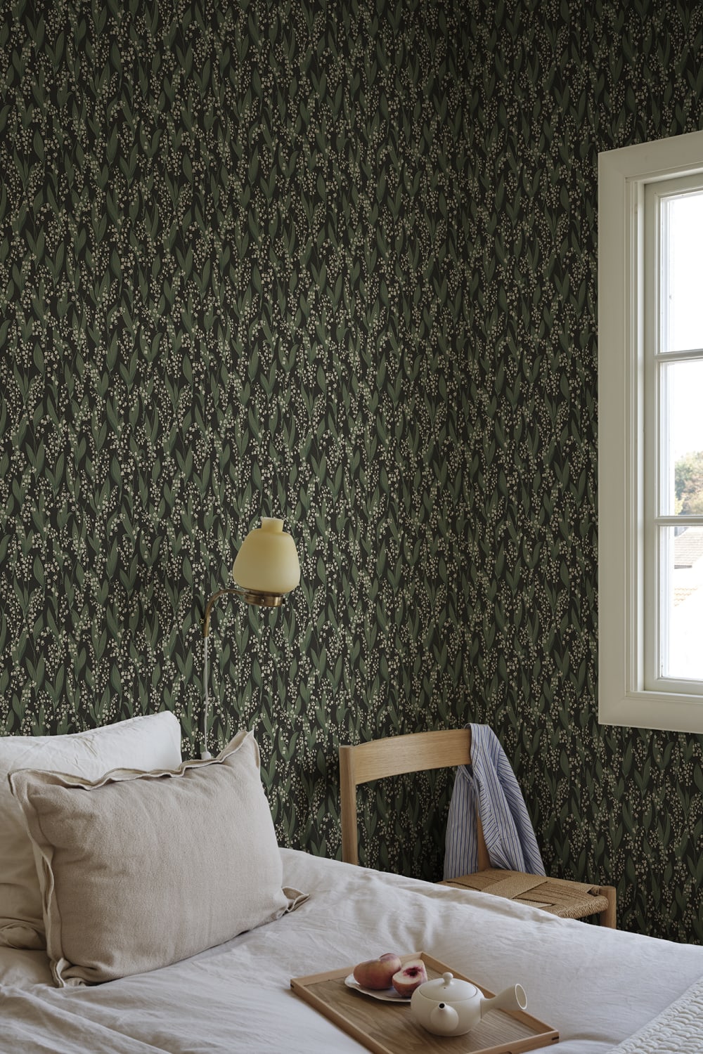 Sandberg Wallpaper pattern name & color Liljekonvalj, Charcoal from the collection Kolonin II.