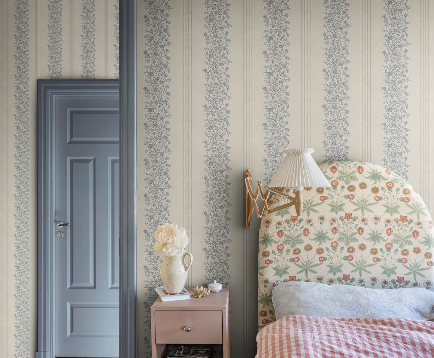 Sandberg Wallpaper Pattern# S10823 pattern name & color Natalie, Blue from the collection Rosa & Friends.