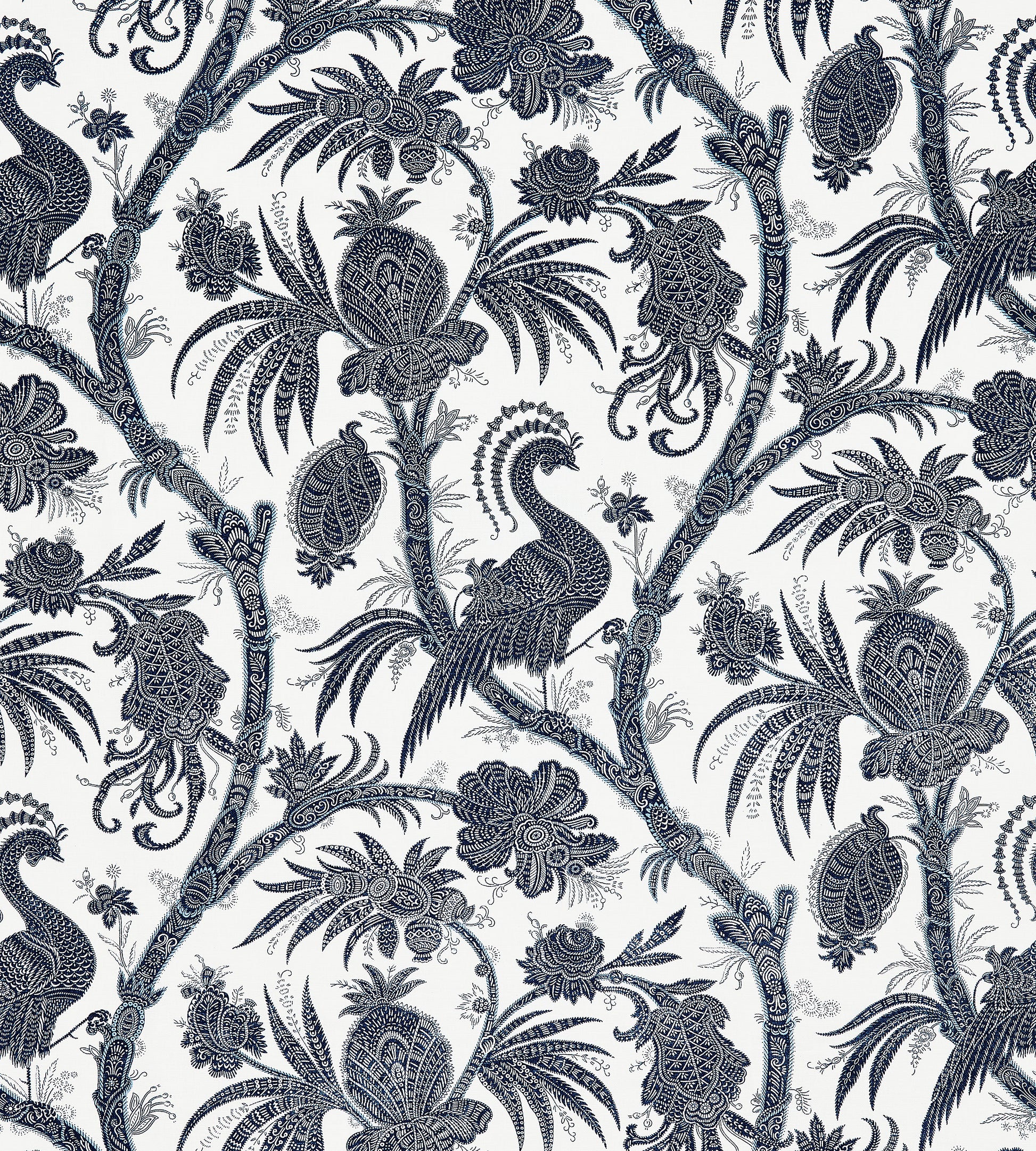 Purchase Scalamandre Fabric Pattern SC 000516575, Balinese Peacock Linen Print Indigo 1