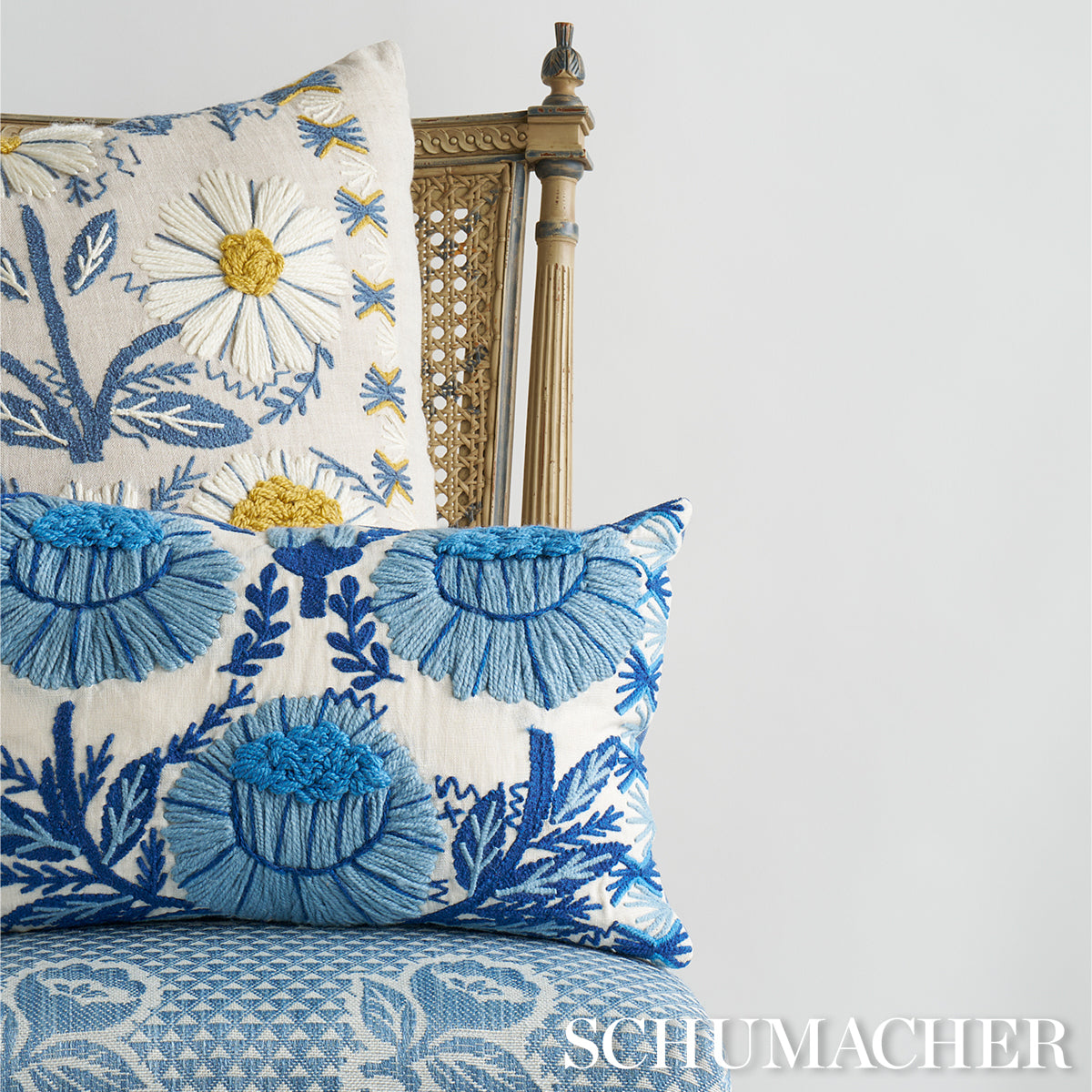 Purchase So7233205 | Marguerite Embroidery Pillow, Blue & Ochre - Schumacher Pillows