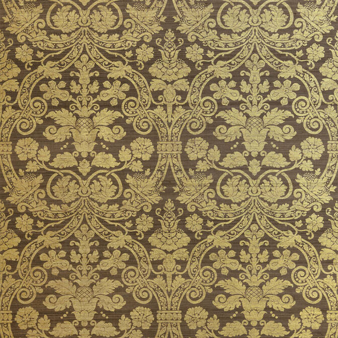 Save T1007 Curtis Silk Damask Metallic Gold on Brown by Thibaut Wallpaper