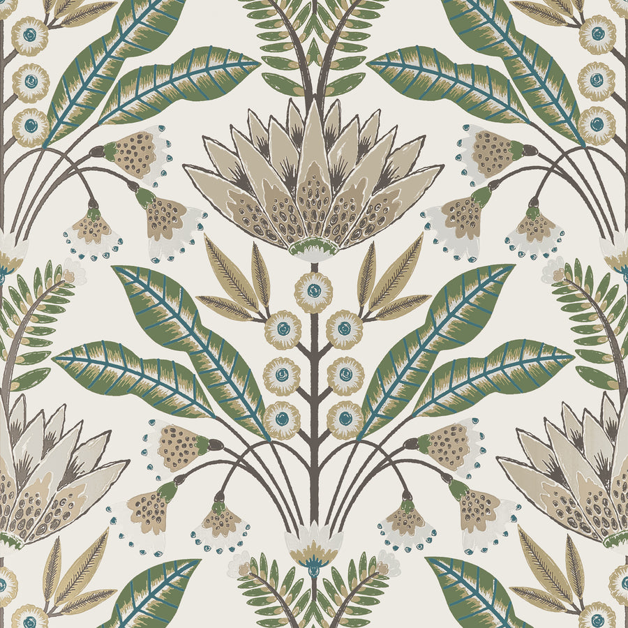 Acquire Thibaut Wallpaper Pattern number T14610 pattern name Lotus color name Green and Beige.