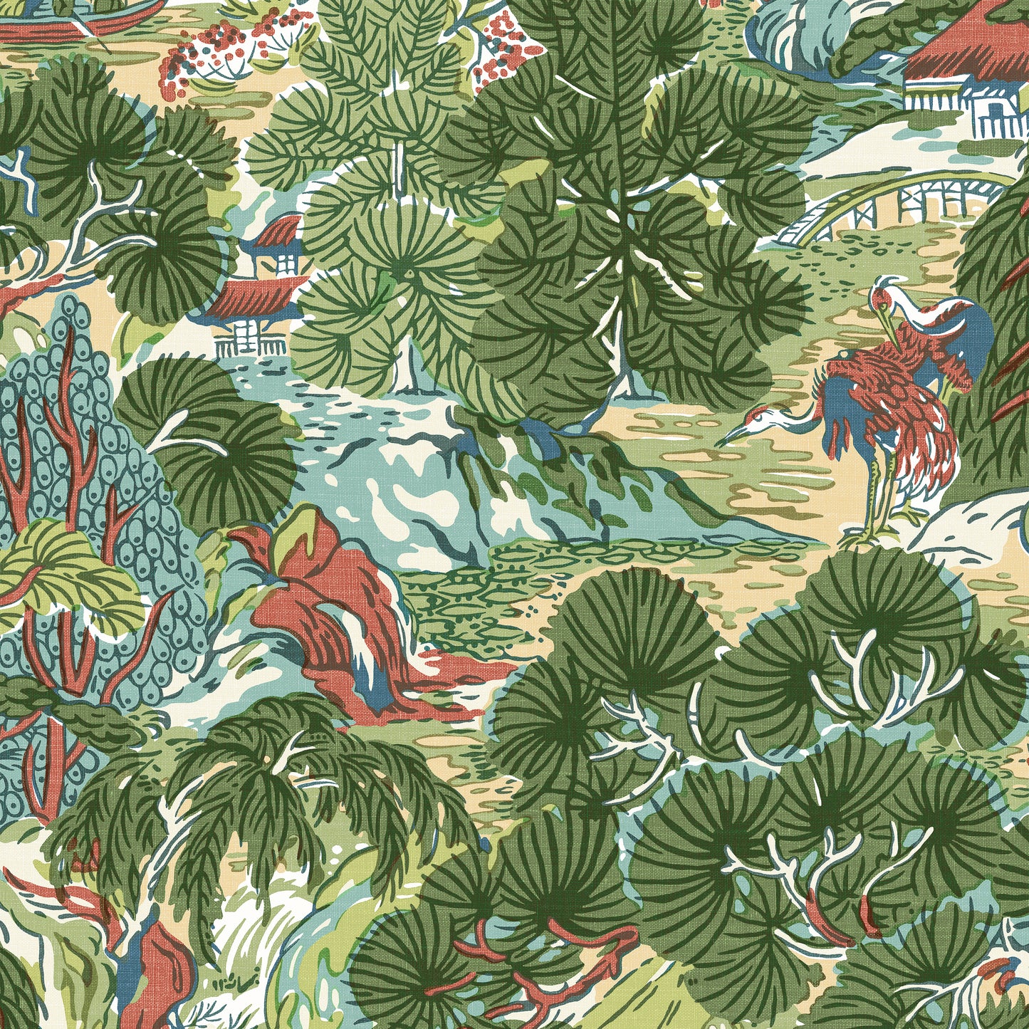 Purchase Thibaut Wallpaper Item T42022 pattern name Pagoda Trees color Coral and Green.