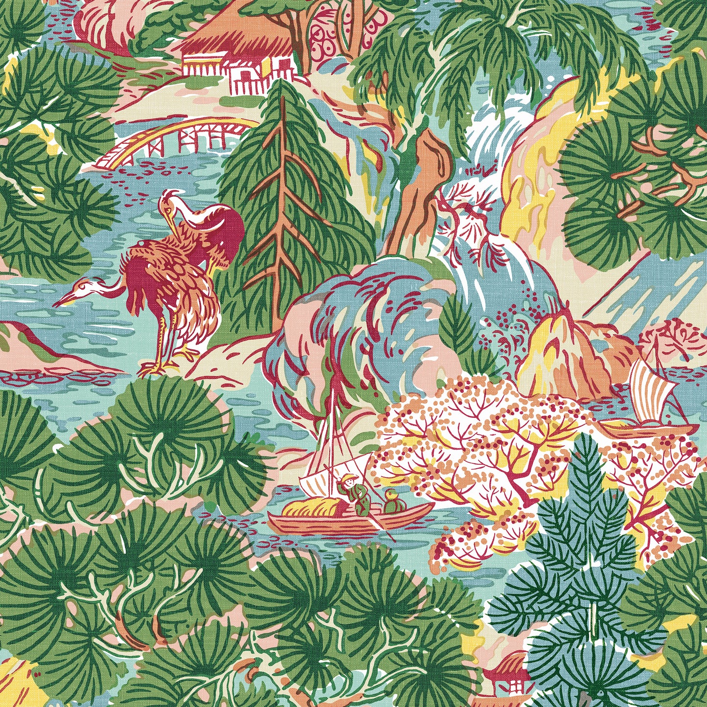 Purchase Thibaut Wallpaper Pattern number T42026 pattern name Pagoda Trees color Pink and Green.