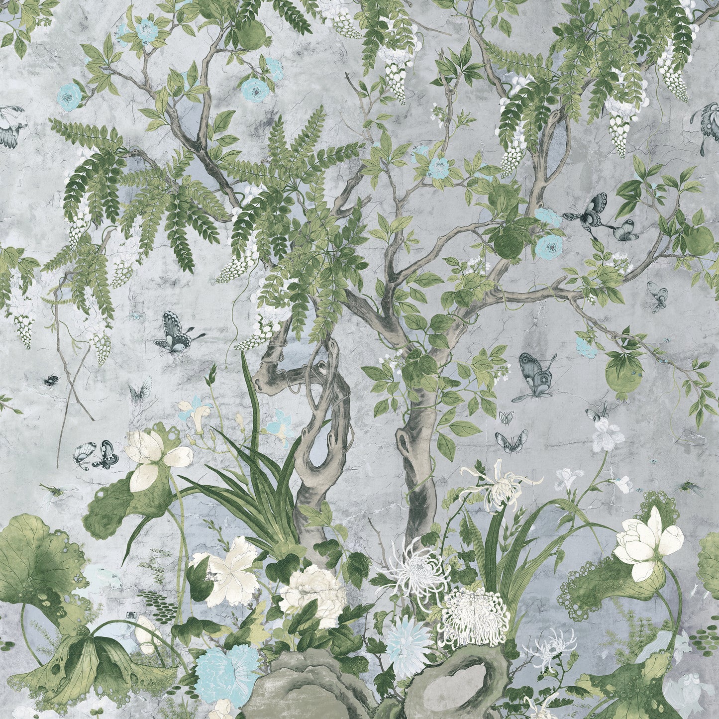 Purchase Thibaut Wallpaper Pattern TM42053 pattern name Wild Wisteria Mural color Metallic Silver.