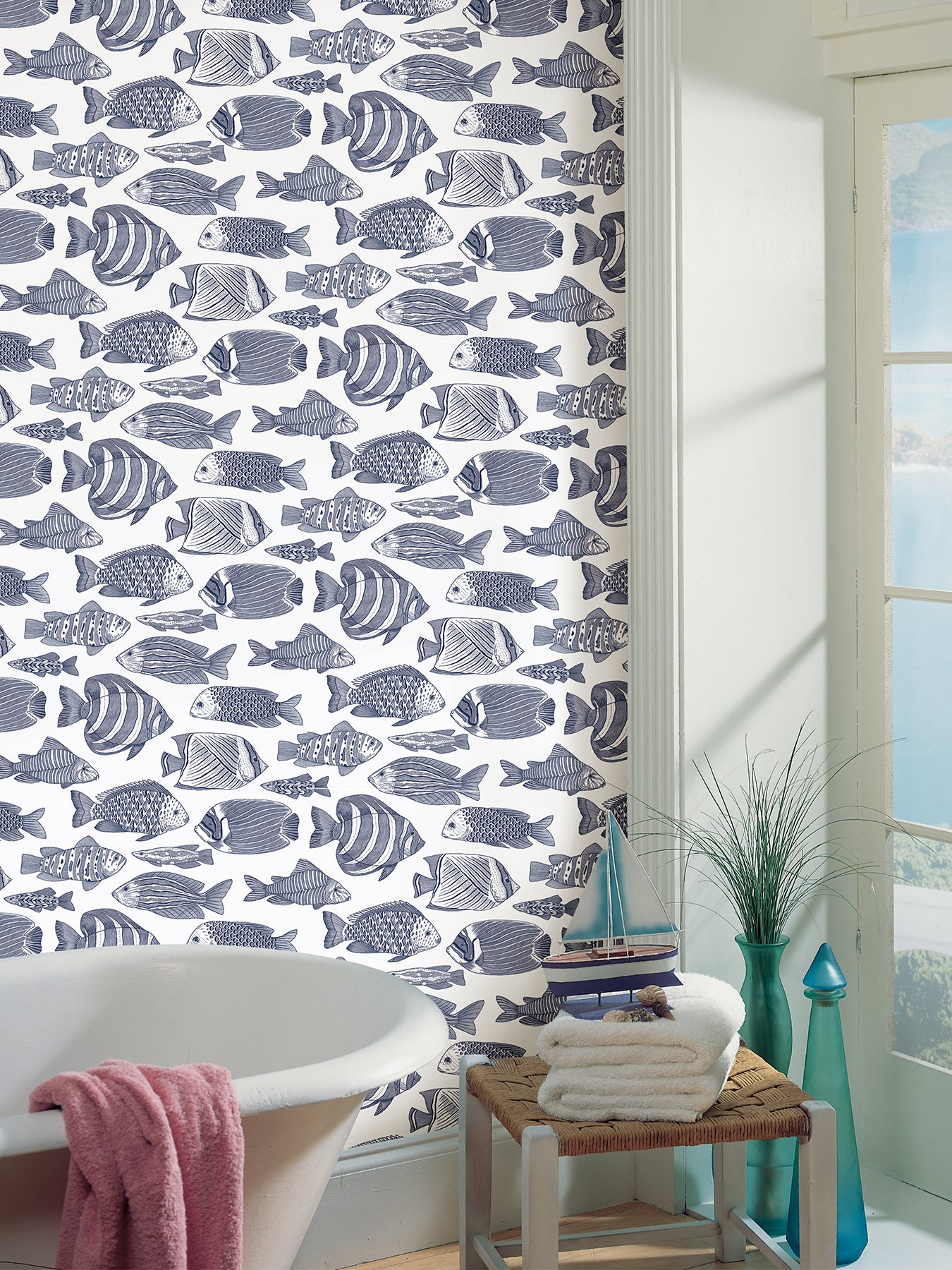 Select 2927-80202 Newport Wailea Indigo Tropical School Indigo A-Street Prints Wallpaper