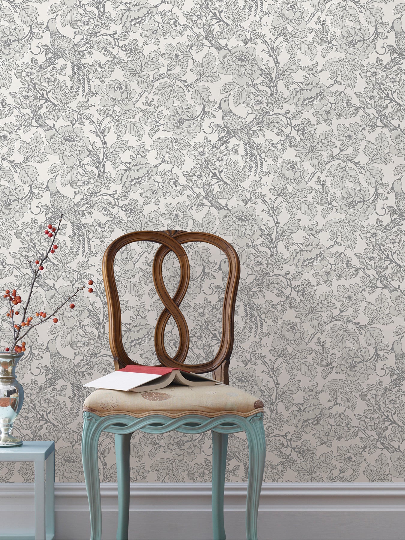 View 2927-80408 Newport Beaufort Light Grey Peony Chinoiserie Light Grey A-Street Prints Wallpaper