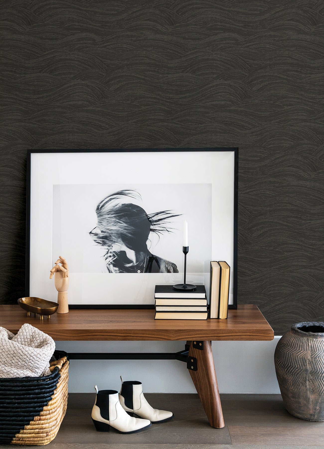 Acquire 2971-86363 Dimensions Leith Black Zen Waves Black A-Street Prints Wallpaper