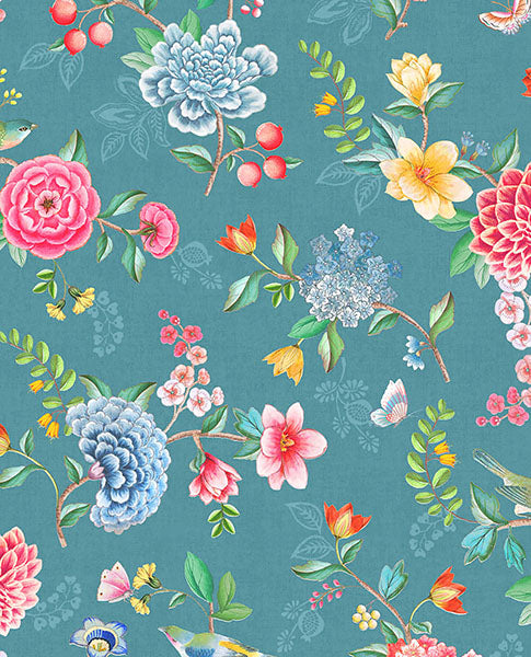 300105 | Pip Studio Vol. 5, Good Evening Teal Floral Garden Teal -  Eijffinger Wallpaper