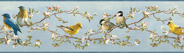 Looking 3118-48511B Birch & Sparrow Songbird Floral Trail Multicolor by Chesapeake Wallpaper