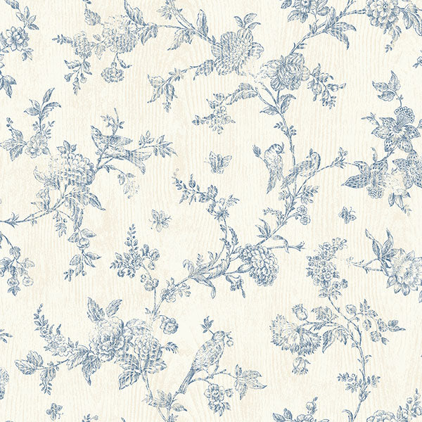Find 3119-02192 Kindred French Nightingale Blue Floral Scroll Blue by Chesapeake Wallpaper
