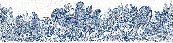 Shop 3119-13551B Kindred Parton Blue Chicken Border Blue by Chesapeake Wallpaper
