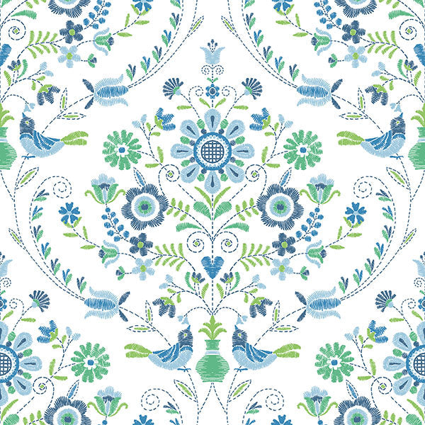 Purchase sample of 4066-26511 Hannah, Britt Sapphire Embroidered Damask Sapphire by A-Street Prints Wallpaper