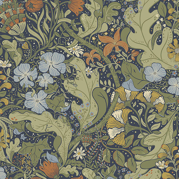 Purchase sample of 4080-83102 Ingrid, Elise Indigo Nouveau Gardens Indigo Green by A-Street Prints Wallpaper
