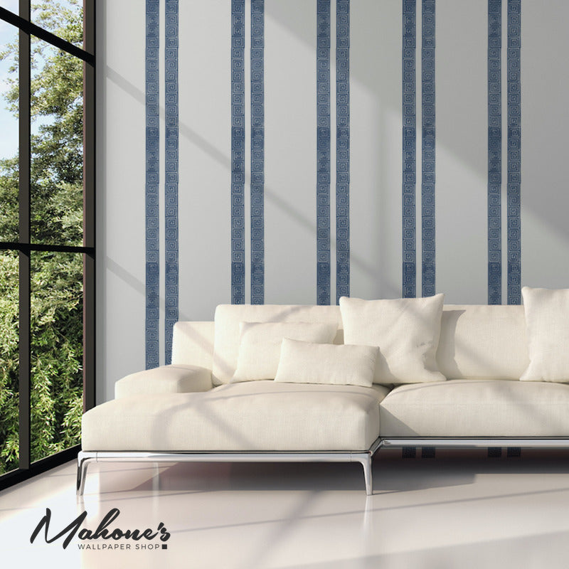 Save on 5005361 Greek Key Stripe Navy by Schumacher Wallpaper