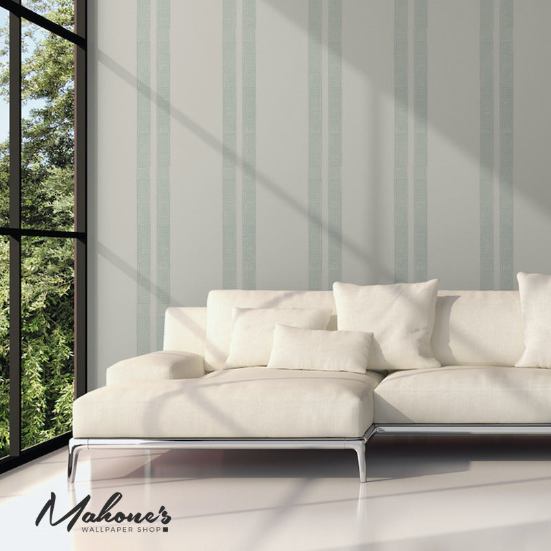 Search 5005362 Greek Key Stripe Water Blue by Schumacher Wallpaper