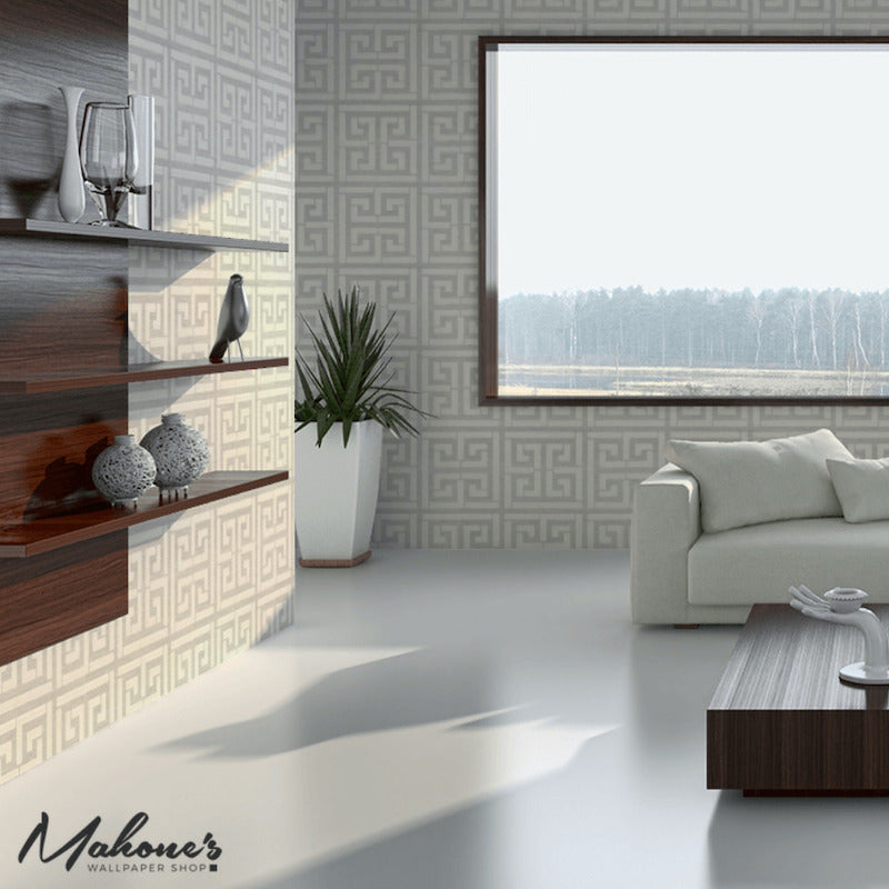 View 5005690 Greek Key Sisal Silver by Schumacher Wallpaper