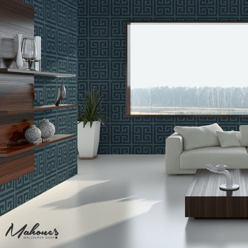 Looking for 5005691 Greek Key Sisal Peacock by Schumacher Wallpaper