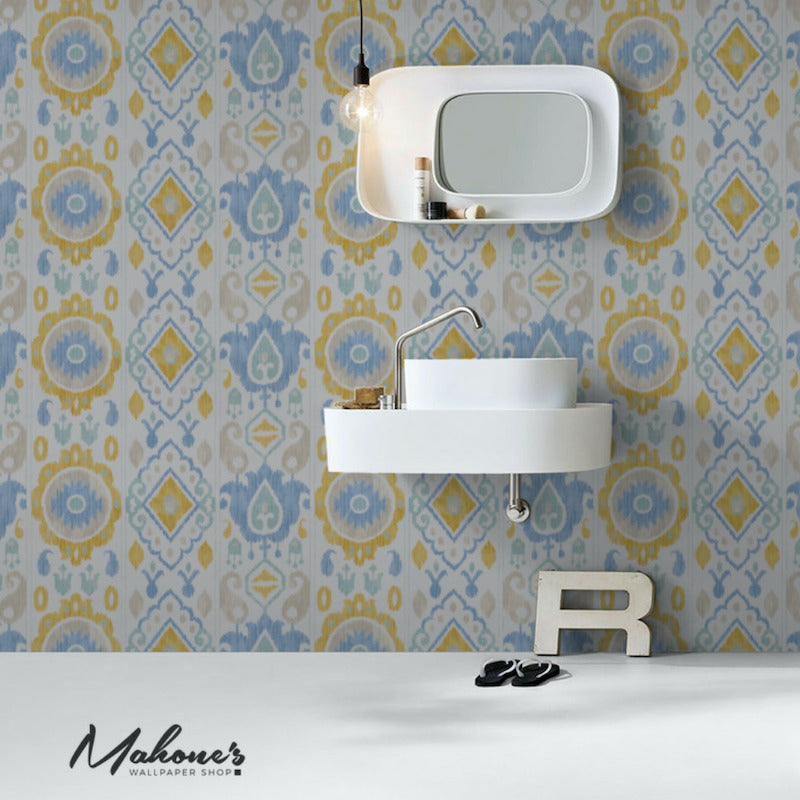 Purchase 5010711 Elizia Ikat Sky & Ochre Schumacher Wallpaper