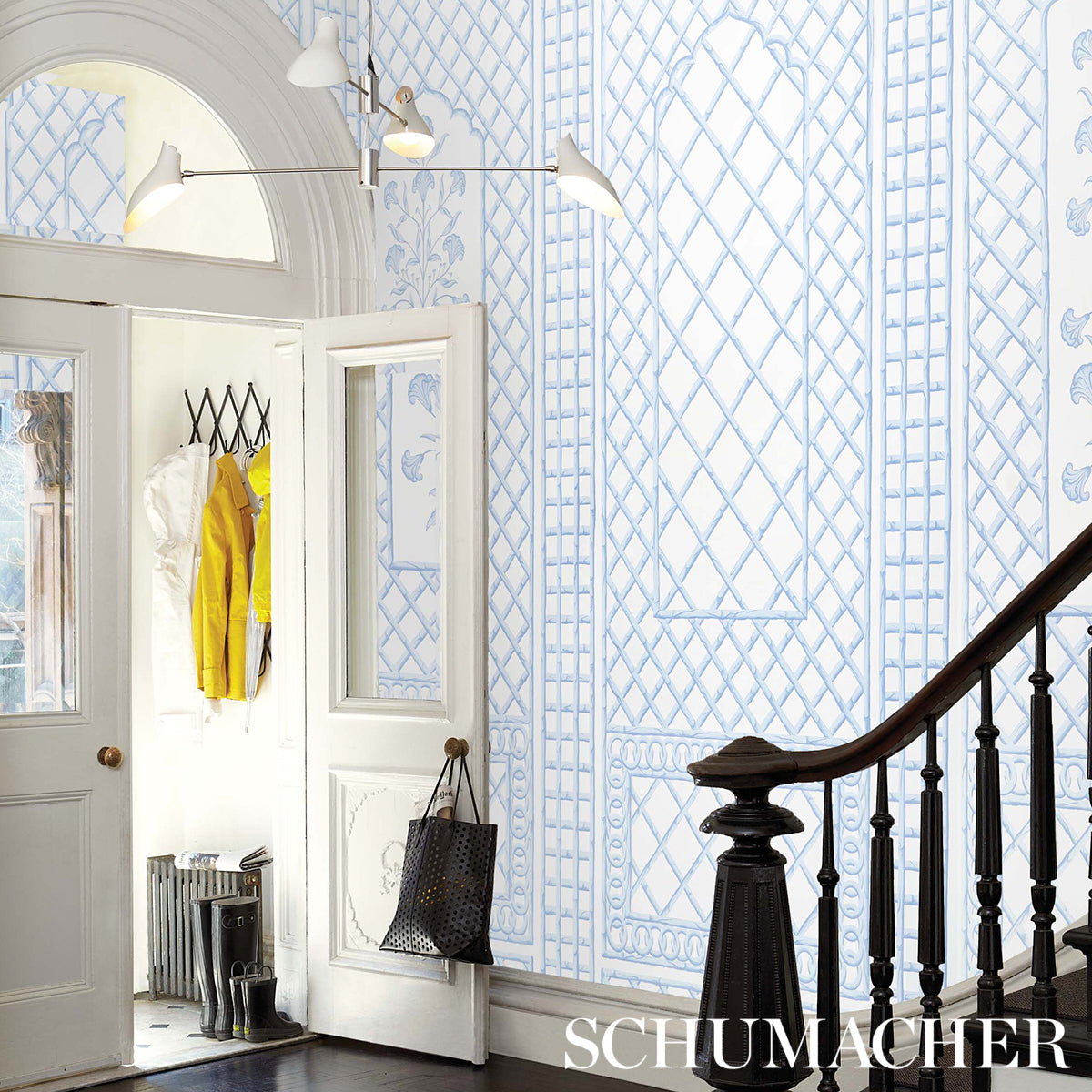Purchase 5014401 | Bamboo Trellis Panel B, Blue - Schumacher Wallpaper