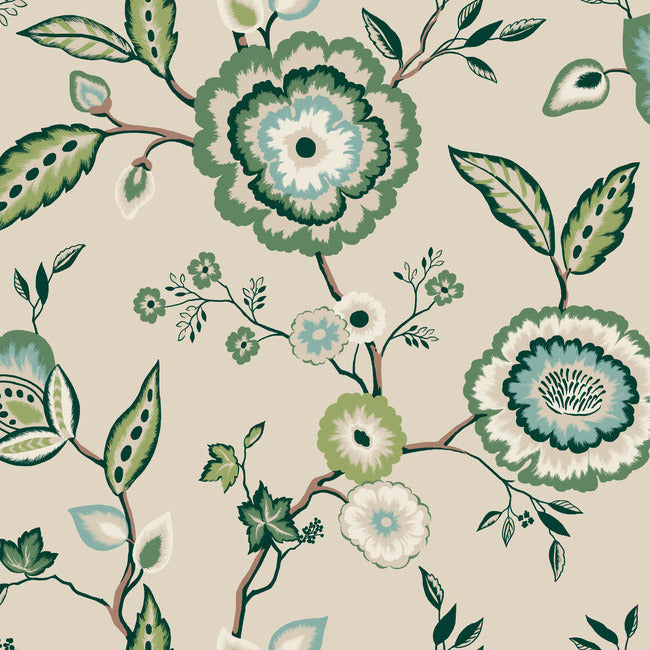 Save GO8233 Dahlia Blooms Linen/Jade Greenhouse by York Wallpaper