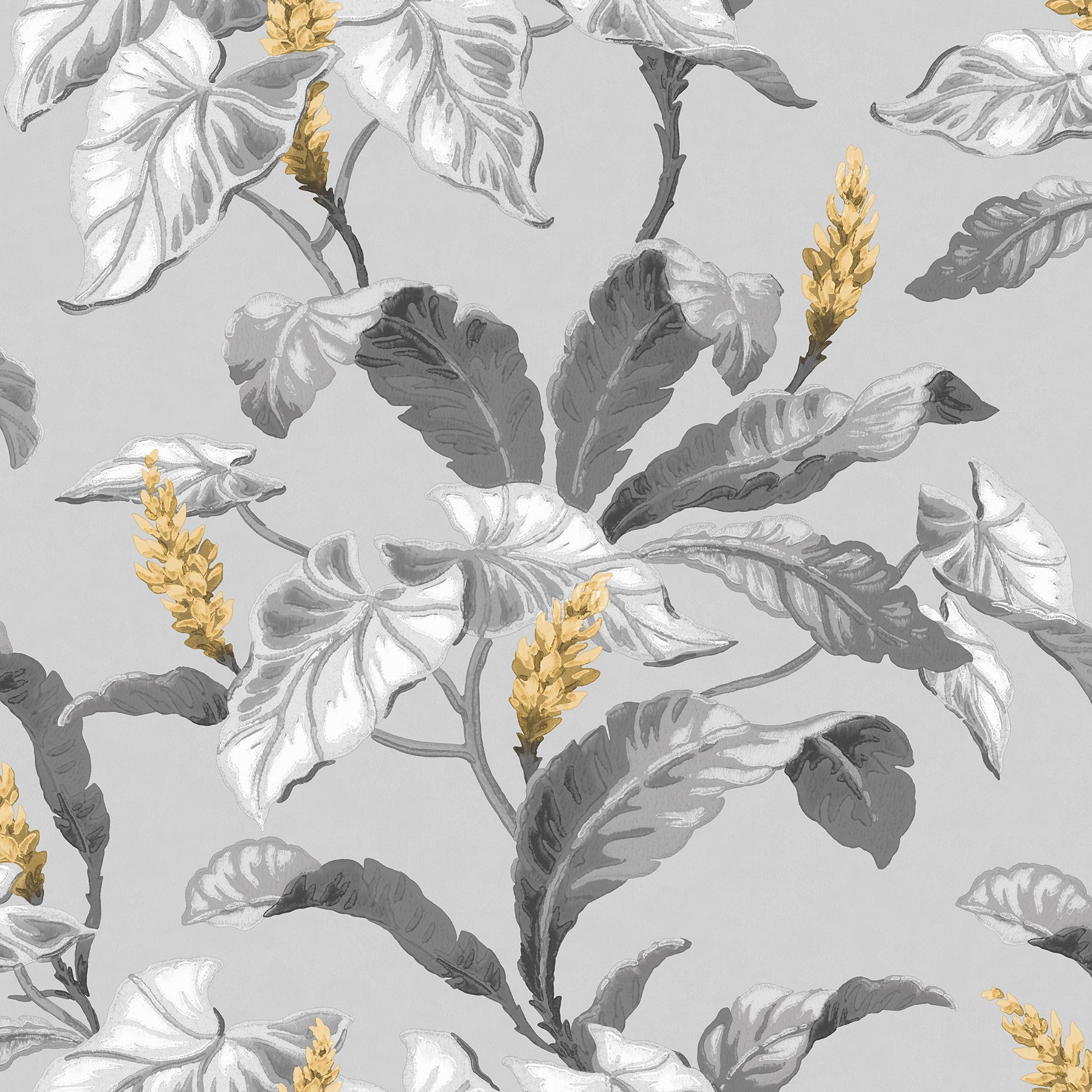 Shop M1691 Archive Collection Meridian Parade Grey Tropical Leaves Wallpaper Mustard/Grey Brewster