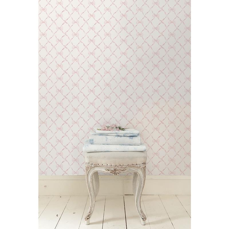 Shop AST4114 LoveShackFancy Baby Bow Faded Primrose Ribbon Trellis Faded Primrose A-Street Prints Wallpaper