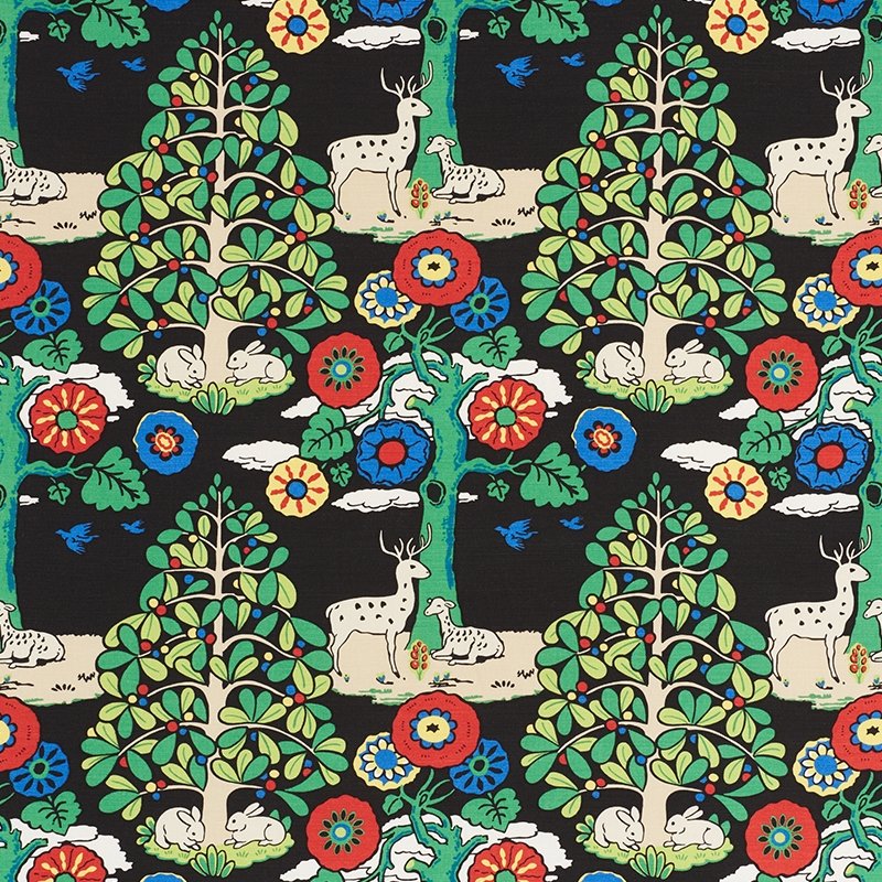 Purchase sample of 176971 Fantasy Forest, Black Multi by Schumacher Fabric