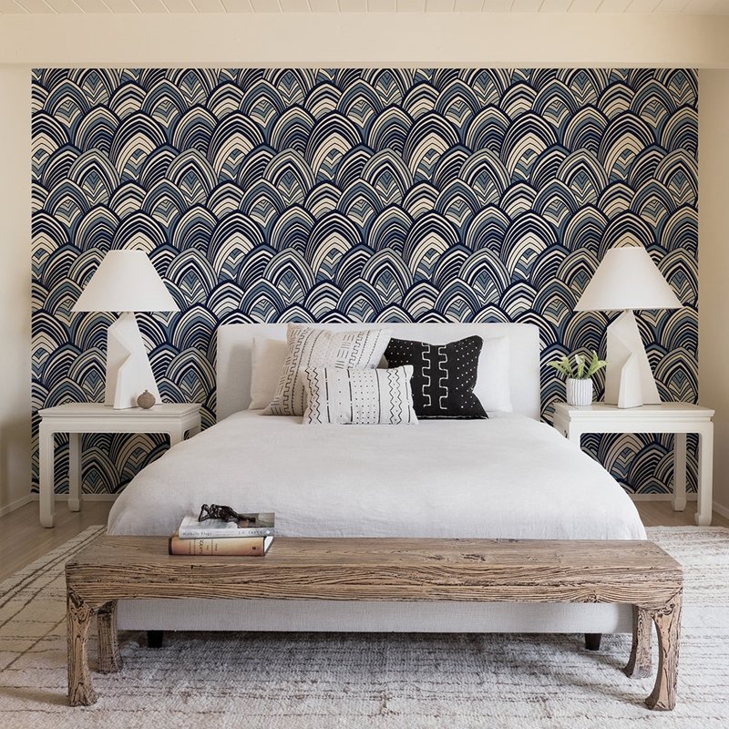 Shop 2969-87351 Pacifica CABARITA Indigo Art Deco Leaves Indigo A-Street Prints Wallpaper