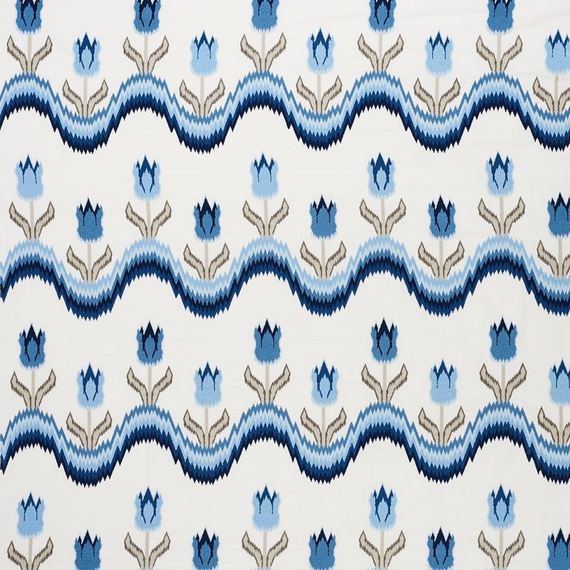 Purchase sample of 70272 Tulip Flamestitch Embroidery, Blue by Schumacher Fabric