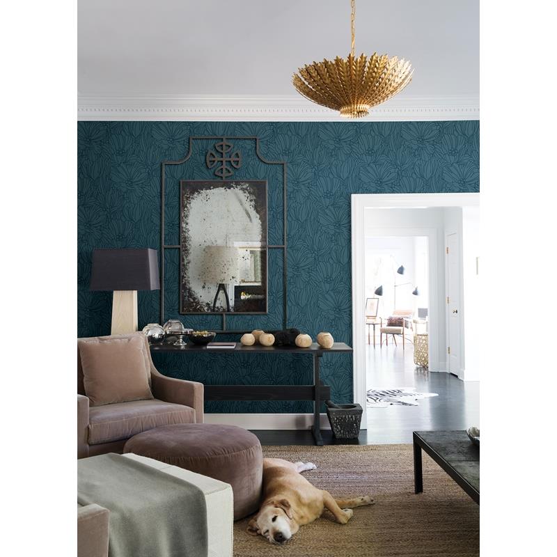 View 2970-87356 Revival Selwyn Flock Dark Blue Floral Wallpaper Dark Blue A-Street Prints Wallpaper