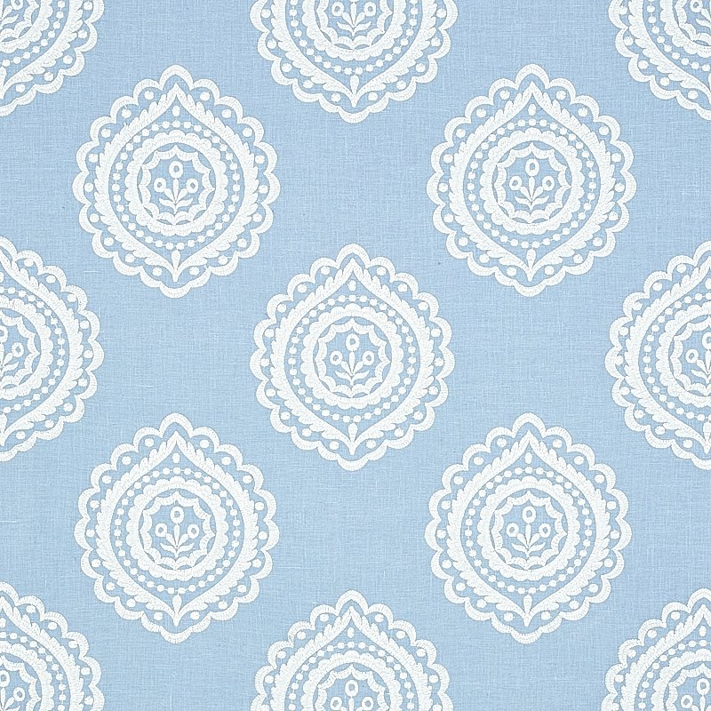 Purchase sample of 70207 Olana Linen Embroidery, Sky by Schumacher Fabric