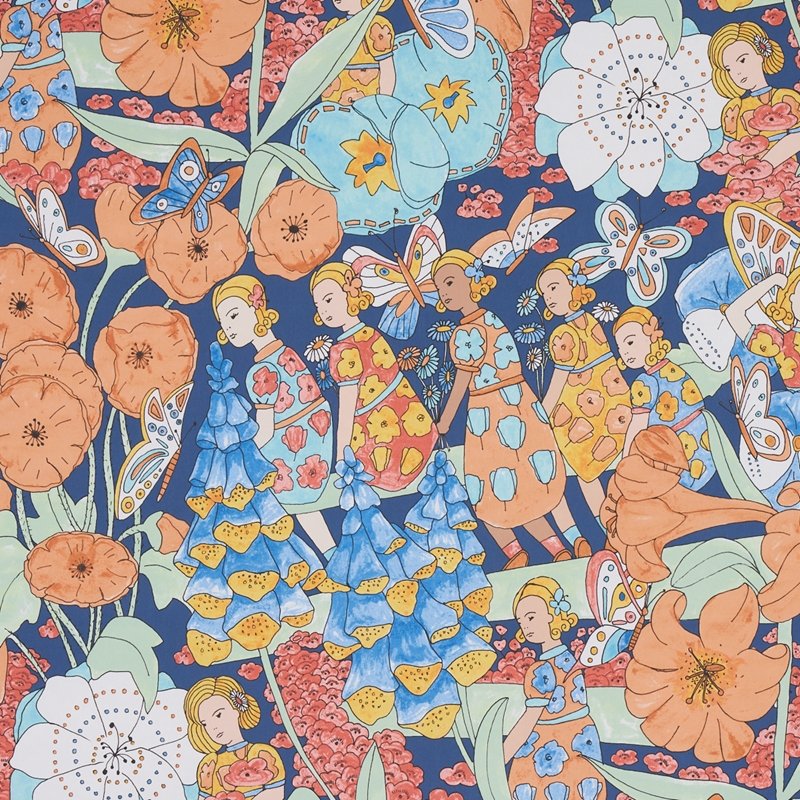 Find 5013540 Fairie Garden Orange And Navy Schumacher Wallcovering Wallpaper
