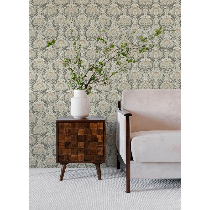 Purchase 2970-26150 Revival Mucha Dark Grey Botanical Ogee Wallpaper Dark Grey A-Street Prints Wallpaper